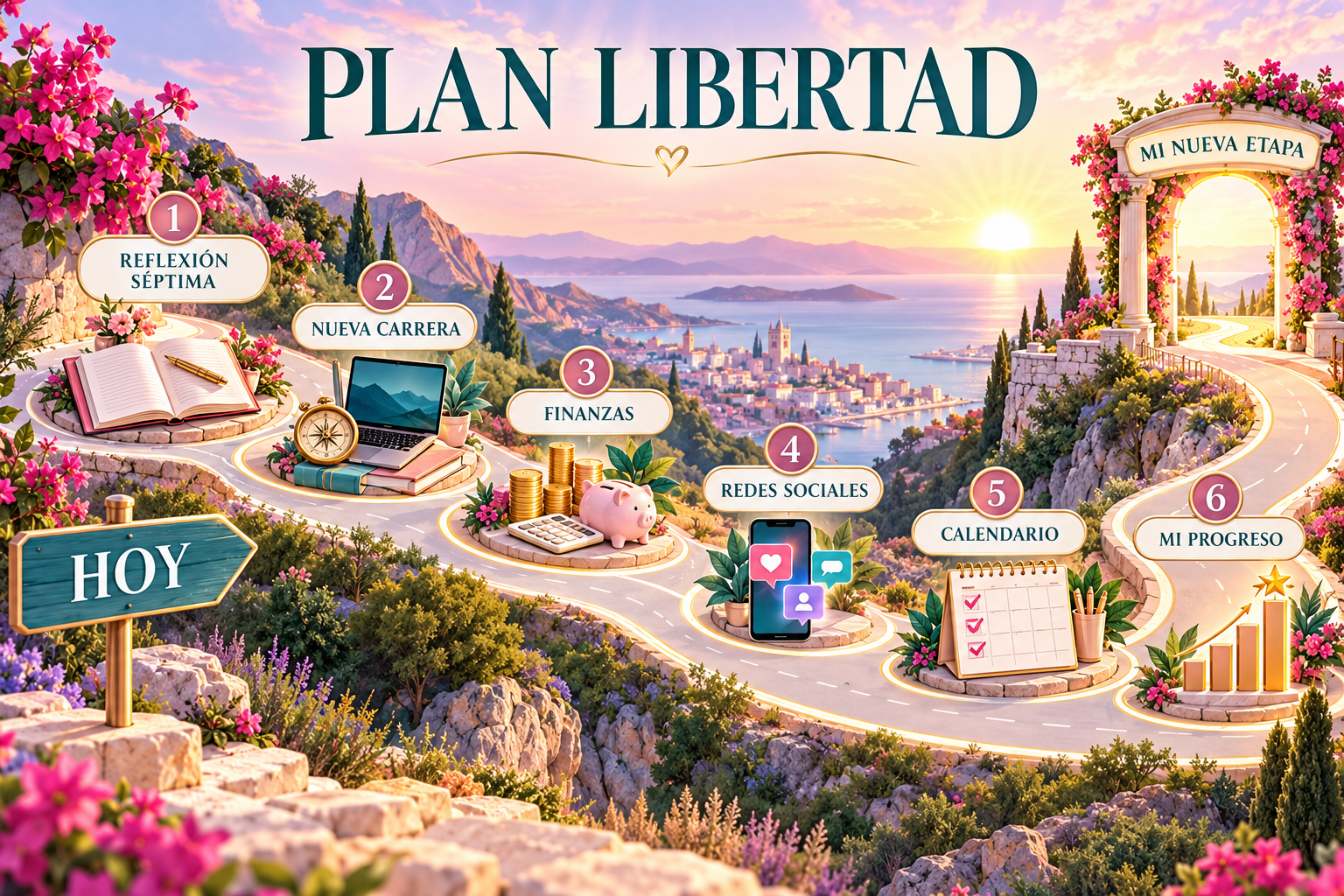 Mapa visual del Plan Libertad: reflexión, nueva carrera, finanzas, redes sociales, calendario y progreso
